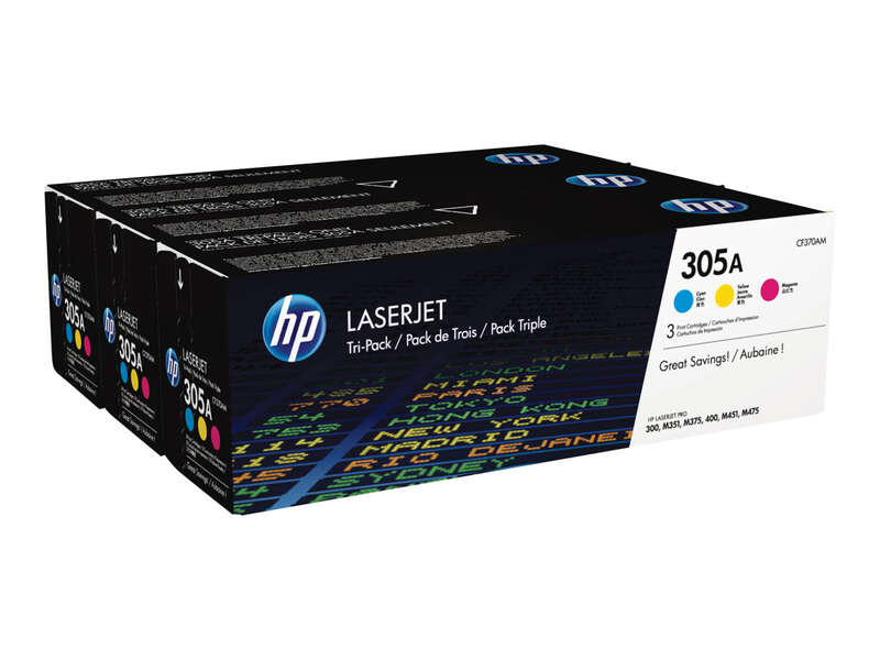 HP CE411A/CE412A/CE413A Confezione da 3 cartucce toner originali - 305A HP CE411A/CE412A/CE413A Confezione da 3 cartucce toner originali - 305A