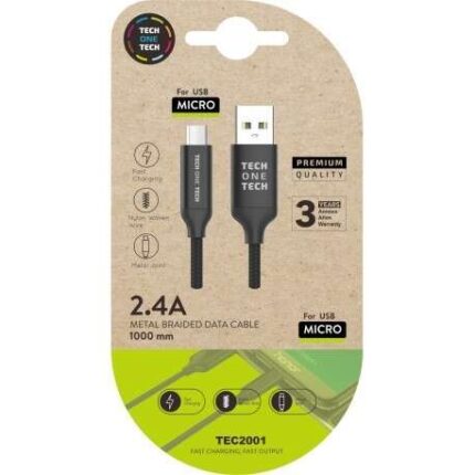 TechOneTech Cavo USB-A maschio a Micro-USB maschio 1 m - Rivestito in nylon intrecciato