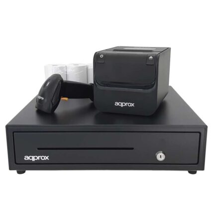 Approx Pack POS Cassetto portamonete + Stampante termica + Lettore di codici + Rotoli - Colore nero
