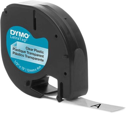 Dymo LetraTag S0721530 Nastro per etichette originale per etichettatrice - Testo nero su sfondo trasparente - Larghezza 12 mm x 4 metri (12267)