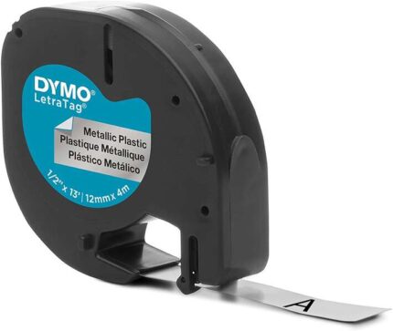 Dymo LetraTag S0721730 Nastro per etichette originale per etichettatrice - Testo nero su sfondo metallico - Larghezza 12 mm x 4 metri (91208)