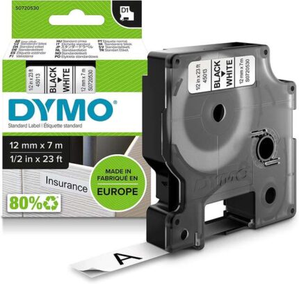 Dymo D1 45013 Nastro per etichette originale per etichettatrice - Testo nero su sfondo bianco - Larghezza 12 mm x 7 metri - S0720530