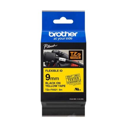Brother TZeFX621 Nastro laminato flessibile originale per etichette - Testo nero su sfondo giallo - Larghezza 9 mm x 8 metri