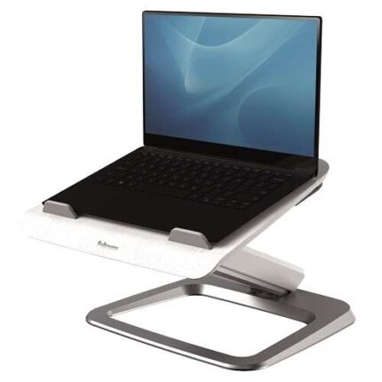 Fellowes Hana Supporto per laptop - Sistema a molla a gas - Inclinazione massima 95° - 4 porte USB - Base in alluminio e piattaforma in legno - Fino a 29 pollici - Colore bianco
