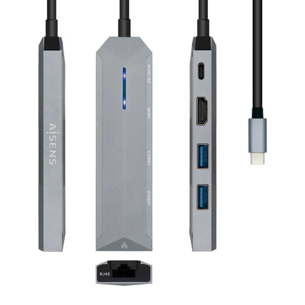 Aisens USB-C Dock 5 in 1 - USB-C a 1xHDMI - 1xRJ45 - 2xUSB - 1xPD - 15 cm - Colore grigio Aisens USB-C Dock 5 in 1 - USB-C a 1xHDMI - 1xRJ45 - 2xUSB - 1xPD - 15 cm - Colore grigio