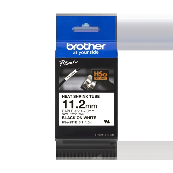 Brother HSe231E Nastro termorestringente originale per etichette per cavi - Testo nero su sfondo bianco - Larghezza 11 Brother HSe231E Nastro termorestringente originale per etichette per cavi - Testo nero su sfondo bianco - Larghezza 11