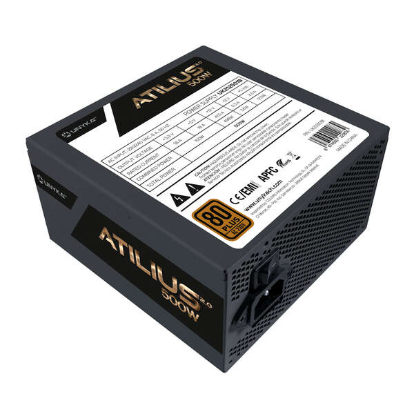 Unykach Atilius 2.0 Black 500W 80 Plus Bronze Alimentatore 500W ATX 2.3 - APFC - Ventola 120mm Unykach Atilius 2.0 Black 500W 80 Plus Bronze Alimentatore 500W ATX 2.3 - APFC - Ventola 120mm
