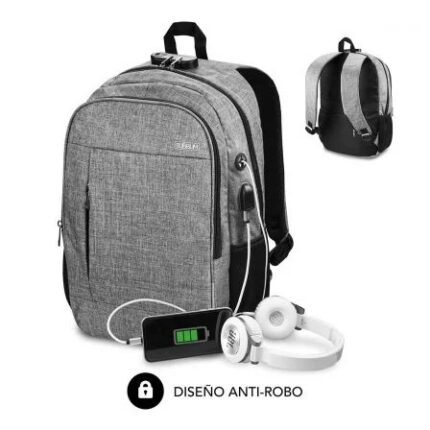 Subblim Zaino Urban Lock System - per laptop fino a 16" - Blocco antifurto - Cinghie ergonomiche - Schiena con sistema Airflow - Doppia cerniera - Tasche laterali in rete - Porta USB - Uscita cuffie - Colore grigio