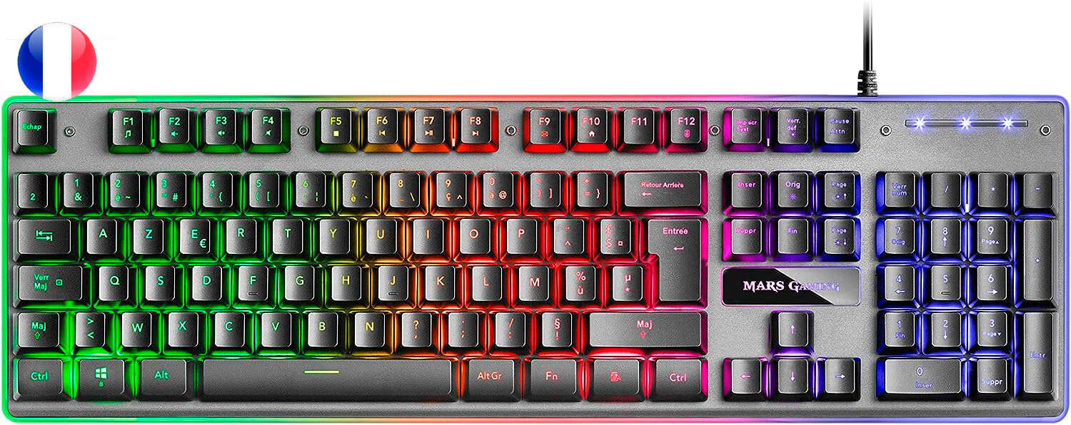 Mars Gaming Tastiera da gioco MK220 - Tecnologia H-MECH - Illuminazione FRGB Rainbow - Pannello in alluminio - Base in ABS rinforzato - Design completo - Materiale alluminio + ABS - Lunghezza cavo 150 cm - Francese - Colore nero Mars Gaming Tastiera da gioco MK220 - Tecnologia H-MECH - Illuminazione FRGB Rainbow - Pannello in alluminio - Base in ABS rinforzato - Design completo - Materiale alluminio + ABS - Lunghezza cavo 150 cm - Francese - Colore nero