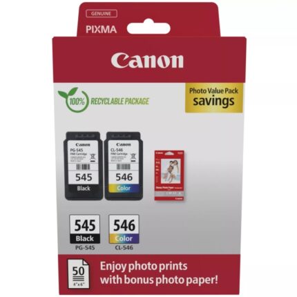 Canon PG545 Nero + CL546 Colore Confezione di cartucce d'inchiostro originali + 50 fogli di carta fotografica - 8287B008/8287B006/8287B005