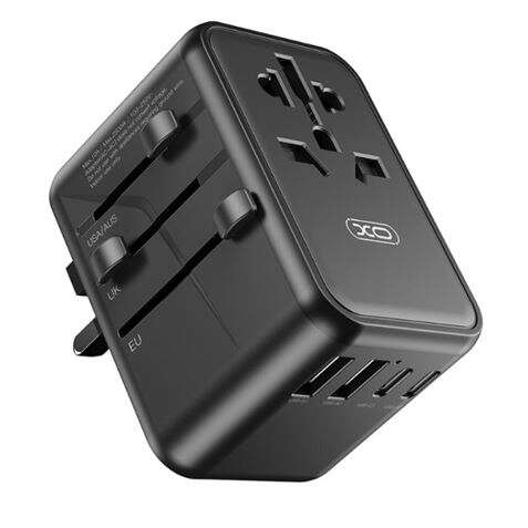 Adattatore da viaggio universale XO - Connessioni per oltre 150 paesi - Potenza fino a 2500W - Porta USB-C da 65W - Cinque porte di uscita - Colore nero Adattatore da viaggio universale XO - Connessioni per oltre 150 paesi - Potenza fino a 2500W - Porta USB-C da 65W - Cinque porte di uscita - Colore nero
