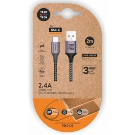 TechOneTech Cavo USB-A maschio a USB-C maschio 2 m - Rivestito in nylon intrecciato