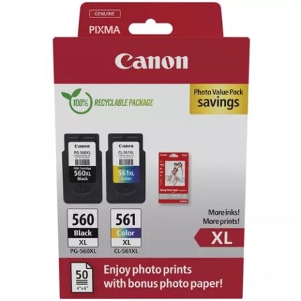 Canon PG560XL Nero + CL561XL Colore Confezione da 2 cartucce d'inchiostro originali - 50 fogli di carta fotografica - 3712C008/3712C004