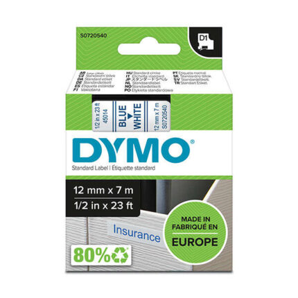 Nastro per etichette originale Dymo D1 per etichettatrice - Testo blu su sfondo bianco - Larghezza 12 mm x 7 metri - S0720540
