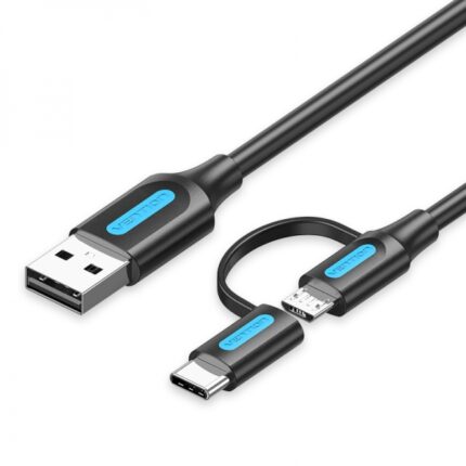 Cavo USB 2.0 maschio a MicroUSB+USB-C maschio - 3A - 60W - 480Mbps - 1m - Colore nero