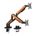 Aisens Supporto da tavolo professionale per gaming RGB - Girevole e inclinabile - Acciaio ad alta resistenza - Illuminazione ambientale - Compatibile con Vesa - Carico massimo 9 kg - Sistema passacavi - Colore nero/arancione