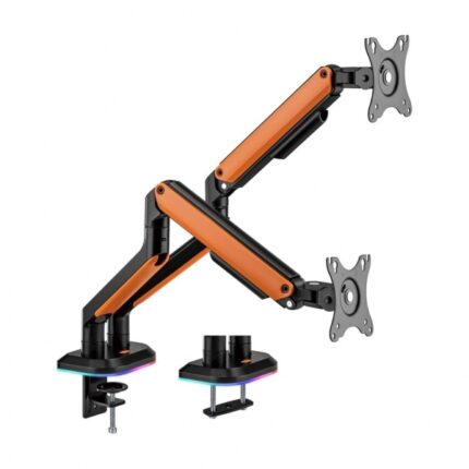 Aisens Supporto da tavolo professionale per gaming RGB - Girevole e inclinabile - Acciaio ad alta resistenza - Illuminazione ambientale - Compatibile con Vesa - Carico massimo 9 kg - Sistema passacavi - Colore nero/arancione