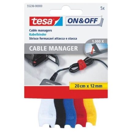 Tesa On & Off Cables Manager Confezione di strisce in velcro 20 cm x 12 mm - Per organizzare i cavi - Colori assortiti