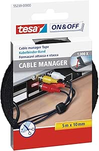 Tesa On & Off Cable Manager Confezione di nastro in velcro 5 m x 10 mm - Per organizzare i cavi - Colore nero