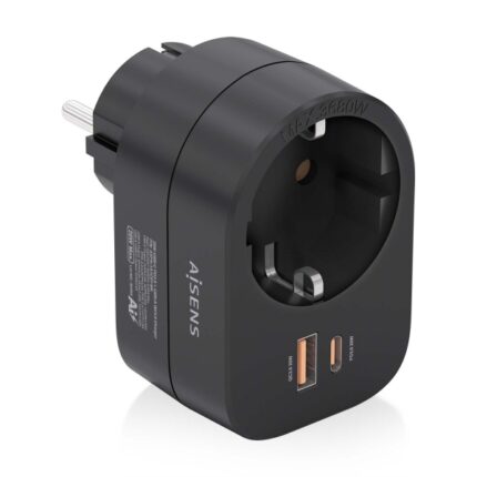 Aisens Presa a muro multifunzione con 1 presa + 1xUSB-C 20W PD3.0 - 1xUSB-A 20W QC3.0 - Colore nero