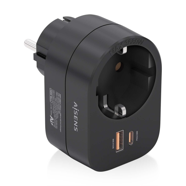 Aisens Presa a muro multifunzione con 1 presa + 1xUSB-C 20W PD3.0 - 1xUSB-A 20W QC3.0 - Colore nero Aisens Presa a muro multifunzione con 1 presa + 1xUSB-C 20W PD3.0 - 1xUSB-A 20W QC3.0 - Colore nero