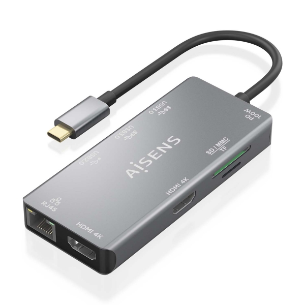 Aisens USB-C Dock 9 in 1 - USB-C a 2xHDMI - 1xRJ45 - 2xUSB-A USB3.0 - 1xUSB-A USB2.0 - 1xUSB-C PD - 1xSD - 1xMicro SD - 15 cm - Colore grigio Aisens USB-C Dock 9 in 1 - USB-C a 2xHDMI - 1xRJ45 - 2xUSB-A USB3.0 - 1xUSB-A USB2.0 - 1xUSB-C PD - 1xSD - 1xMicro SD - 15 cm - Colore grigio