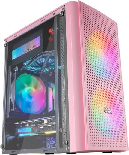 Mars Gaming MC300 Case Gaming Compatto - Finestra in vetro temperato - 3 ventole FRGB - Griglia frontale TOTAL-MESH - Supporto Micro-ATX/Mini-ITX - Illuminazione RGB - Colore rosa