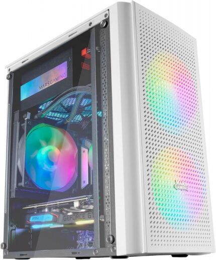 Mars Gaming MC300 Case gaming compatto - Finestra in vetro temperato - Tripla ventilazione - Supporto per raffreddamento a liquido - Illuminazione RGB fissa - Colore bianco
