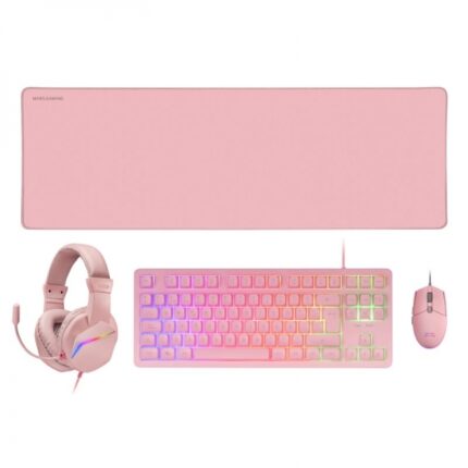 Mars Gaming MCP-RGB3 Combo Gaming 4in1 - Tastiera TKL H-Mech RED - Mouse RGB 3200 DPI - Cuffie FRGB con cancellazione del rumore - Tappetino XXL antiscivolo - Colore rosa
