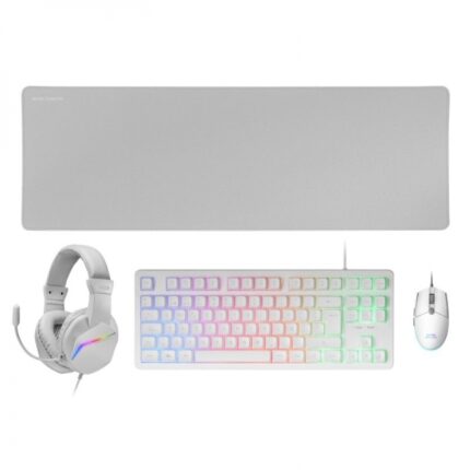 Mars Gaming MCP-RGB3 Combo Gaming 4in1 - Tastiera TKL H-Mech - Mouse 3200 DPI RGB - Cuffie FRGB con cancellazione del rumore - Tappetino XXL antiscivolo - Colore bianco