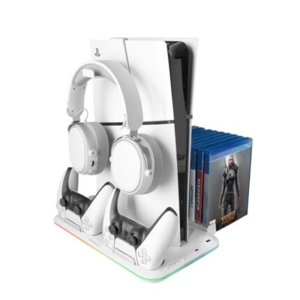 Mars Gaming MPS5-B2 Supporto multifunzione per PS5 - Doppia ricarica - Raffreddamento silenzioso - Illuminazione RGB - Supporto per cuffie - Organizer per 15 giochi - Colore bianco