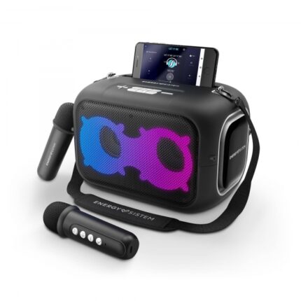 Energy Sistem KaraokeStar Altoparlante da 60 W - Bluetooth 5.4 - True Wireless - IPX4 - 8 ore di autonomia - Luci LED - 2 microfoni wireless - Lettore MP3 - Colore: nero