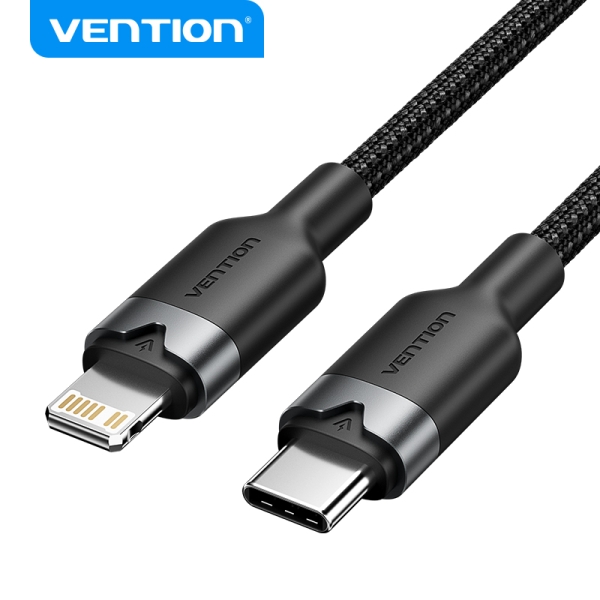 Cavo di ricarica USB-C/Lightning Vention - Alluminio intrecciato - 480 Mbps - 3 A - 27 W max - Colore nero Cavo di ricarica USB-C/Lightning Vention - Alluminio intrecciato - 480 Mbps - 3 A - 27 W max - Colore nero