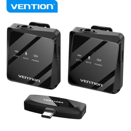 Vention Microfono Clip Wireless USB-C - Qualità audio 32 kHz - Latenza 20 ms - Batteria 26 ore - Portata 50 m - Cancellazione del rumore - Colore nero