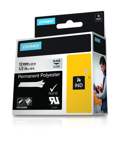 Dymo Rhino ID1-12 Nastro per etichette originale per etichettatrice - Testo nero su sfondo trasparente - Larghezza 12 mm x 5
