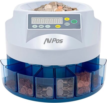 AVPos Contatore/Classificatore di monete  CCM6 - Monete da 1 centesimo a 2 euro - Colore bianco/blu