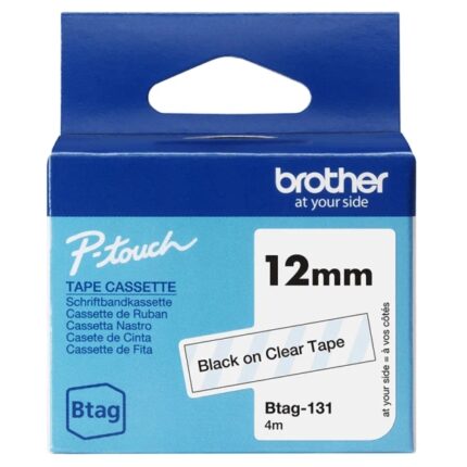 Brother Btag-131 Nastro 12 mm - Testo nero su sfondo trasparente - Misure 12 mm x 4 metri - Adatto per PTN10