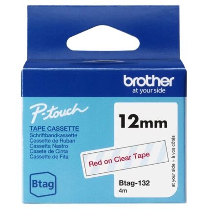 Brother Btag-132 Nastro 12 mm - Testo rosso su sfondo trasparente - Misure 12 mm x 4 metri - Adatto per PTN10