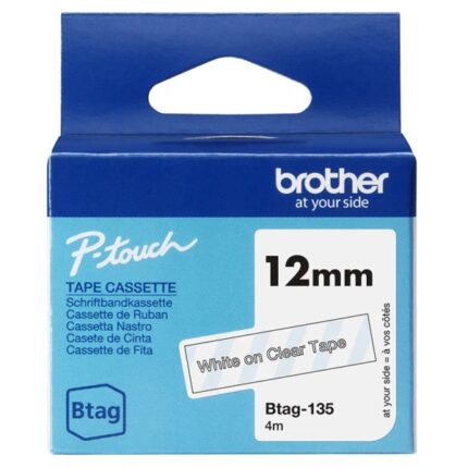 Brother Btag-135 Nastro 12 mm - Testo bianco su sfondo trasparente - Misure 12 mm x 4 metri - Adatto per PTN10