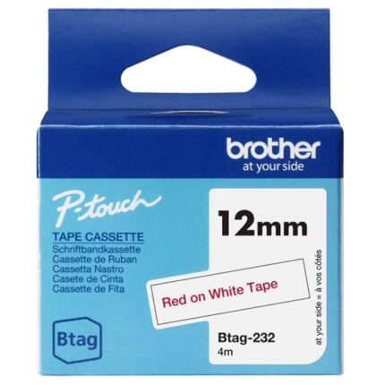 Brother Btag-232 Nastro 12 mm - Testo rosso su sfondo bianco - Misure 12 mm x 4 metri - Adatto per PTN10
