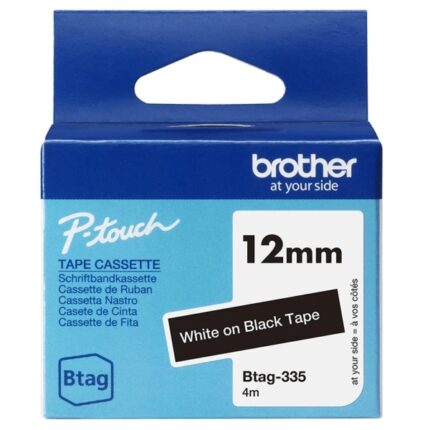 Brother Btag-335 Nastro 12 mm - Testo bianco su sfondo nero - Misure 12 mm x 4 metri - Adatto per PTN10
