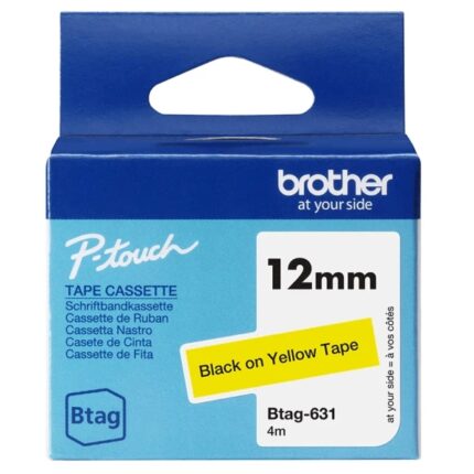 Brother Btag-631 Nastro 12 mm - Testo nero su sfondo giallo - Misure 12 mm x 4 metri - Adatto per PTN10