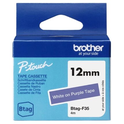 Brother Btag-F35 Nastro 12 mm - Testo bianco su sfondo viola - Misure 12 mm x 4 metri - Adatto per PTN10