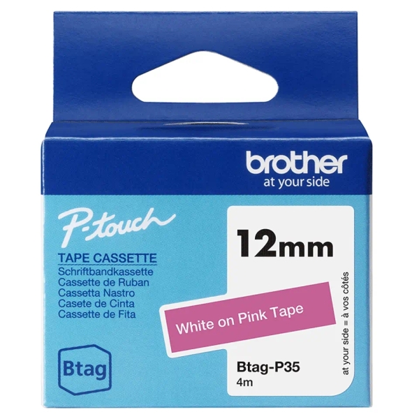 Brother Btag-P35 Nastro 12 mm - Testo bianco su sfondo rosa - Misure 12 mm x 4 metri - Adatto per PTN10 Brother Btag-P35 Nastro 12 mm - Testo bianco su sfondo rosa - Misure 12 mm x 4 metri - Adatto per PTN10