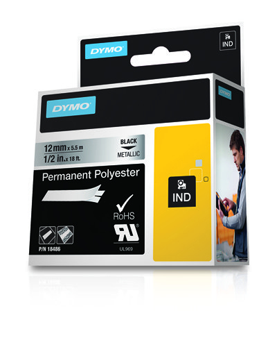 Dymo Rhino ID1-12 Nastro per etichette originale per etichettatrice - Testo nero su sfondo argento - Larghezza 12 mm x 5