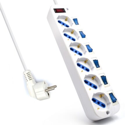 Ewent Ciabatta elettrica - 6 prese - Versione Schuko - 16A con interruttore on/off su ogni porta - Protezione contro le sovratensioni - Cavo da 5 m - Colore bianco