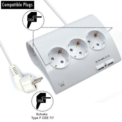 Ewent Ciabatta elettrica - 5 prese - Versione Schuko - 16A -  2 porte USB - Cavo da 1