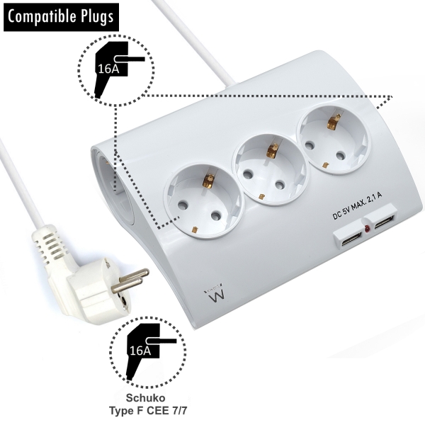 Ewent Ciabatta elettrica - 5 prese - Versione Schuko - 16A - 2 porte USB - Cavo da 1 Ewent Ciabatta elettrica - 5 prese - Versione Schuko - 16A - 2 porte USB - Cavo da 1