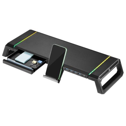 Ewent EW1268 Supporto estensibile per monitor RGB - Pieghevole con cassetto e supporto per smartphone - HUB USB 3.0 a 4 porte - Colore nero