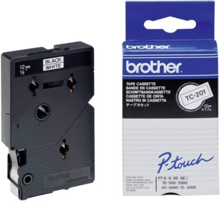 Brother TC201 Nastro laminato originale per etichettatrice - Testo nero su sfondo bianco - Larghezza 12 mm x 7 metri